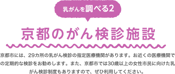 乳がんを調べる2　京都のがん検診施設　京都市には、29カ所の乳がん検診の指定医療機関があります。お近くの医療機関での定期的な検診をお勧めします。また、京都市では30歳以上の女性市民に向けた乳がん検診制度もありますので、ぜひ利用してください。